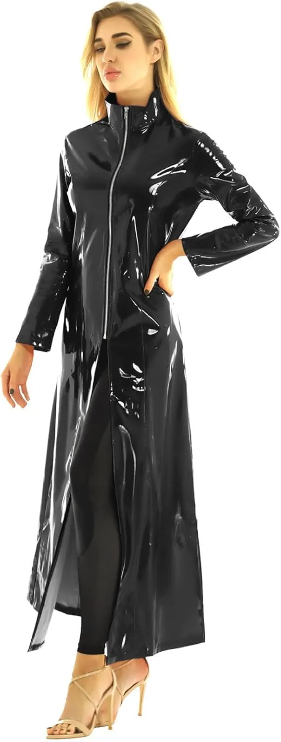 Yartina Womens Shiny Metallic Leather Turtleneck Trench Coat Zipper Front Long Jacket Casual Clubwear