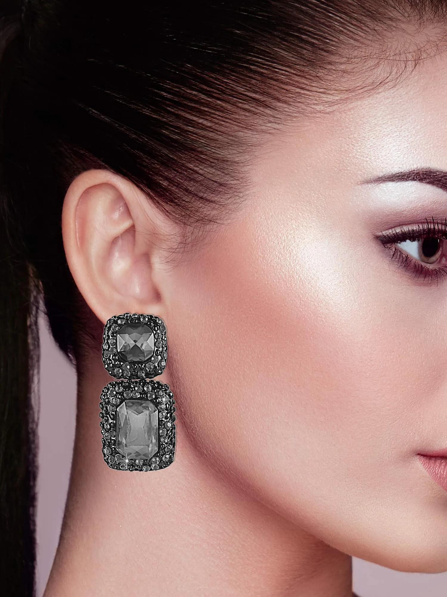 Yellow Chimes Square Crystal Copper Dangler Earrings for Women (Black)