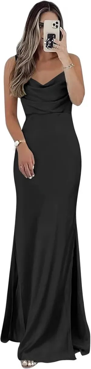 zcbang Bridesmaid Dresses for Wedding Satin Cowl Neck Long Formal Evening Gowns with Slit