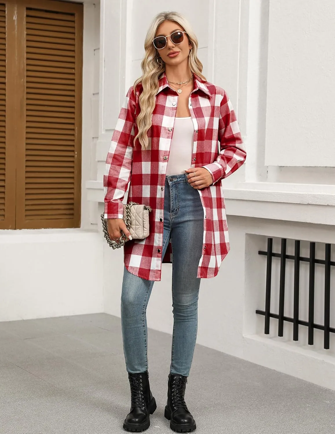 Zeagoo Flannel for Women 2025 Fall Fashion Long Sleeve Plaid Button Down Shirts Shacket Blouse Top with Pockets