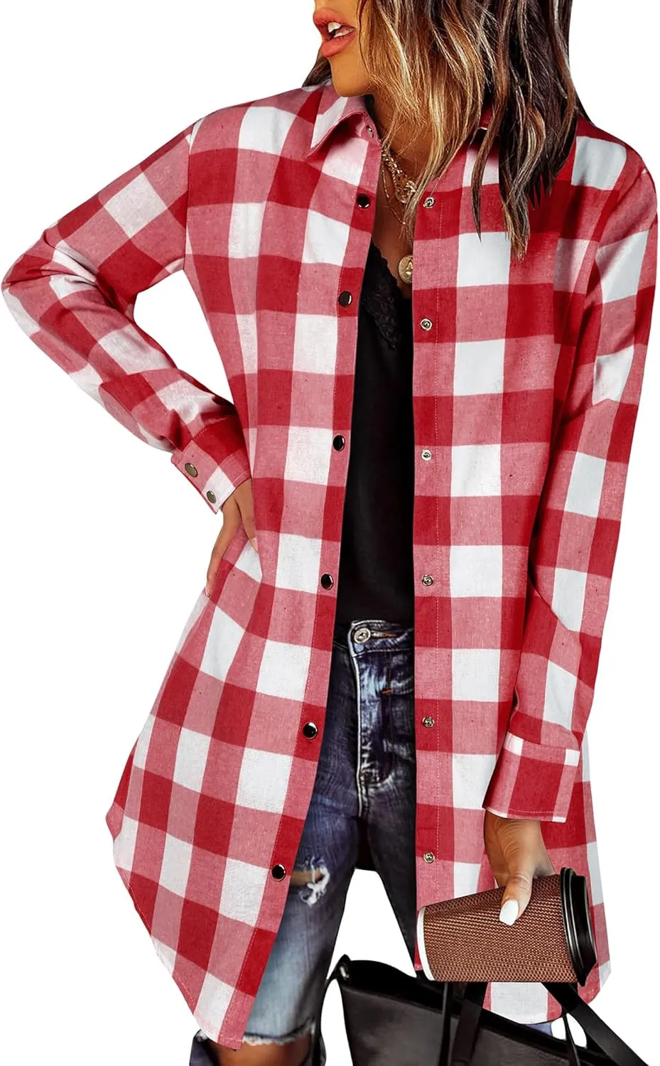 Zeagoo Flannel for Women 2025 Fall Fashion Long Sleeve Plaid Button Down Shirts Shacket Blouse Top with Pockets